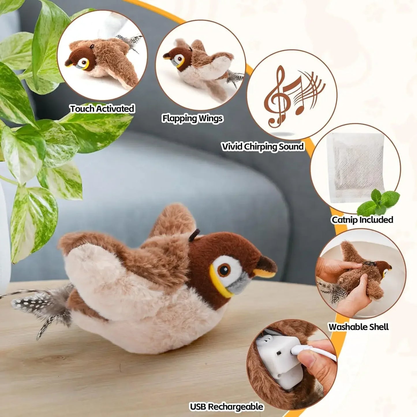 "Flapping Bird Cat Toy with Catnip – Rechargeable, Touch-Activated Plush Fun for Indoor Cats"