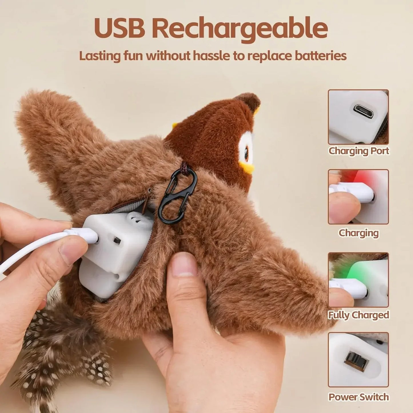 "Flapping Bird Cat Toy with Catnip – Rechargeable, Touch-Activated Plush Fun for Indoor Cats"